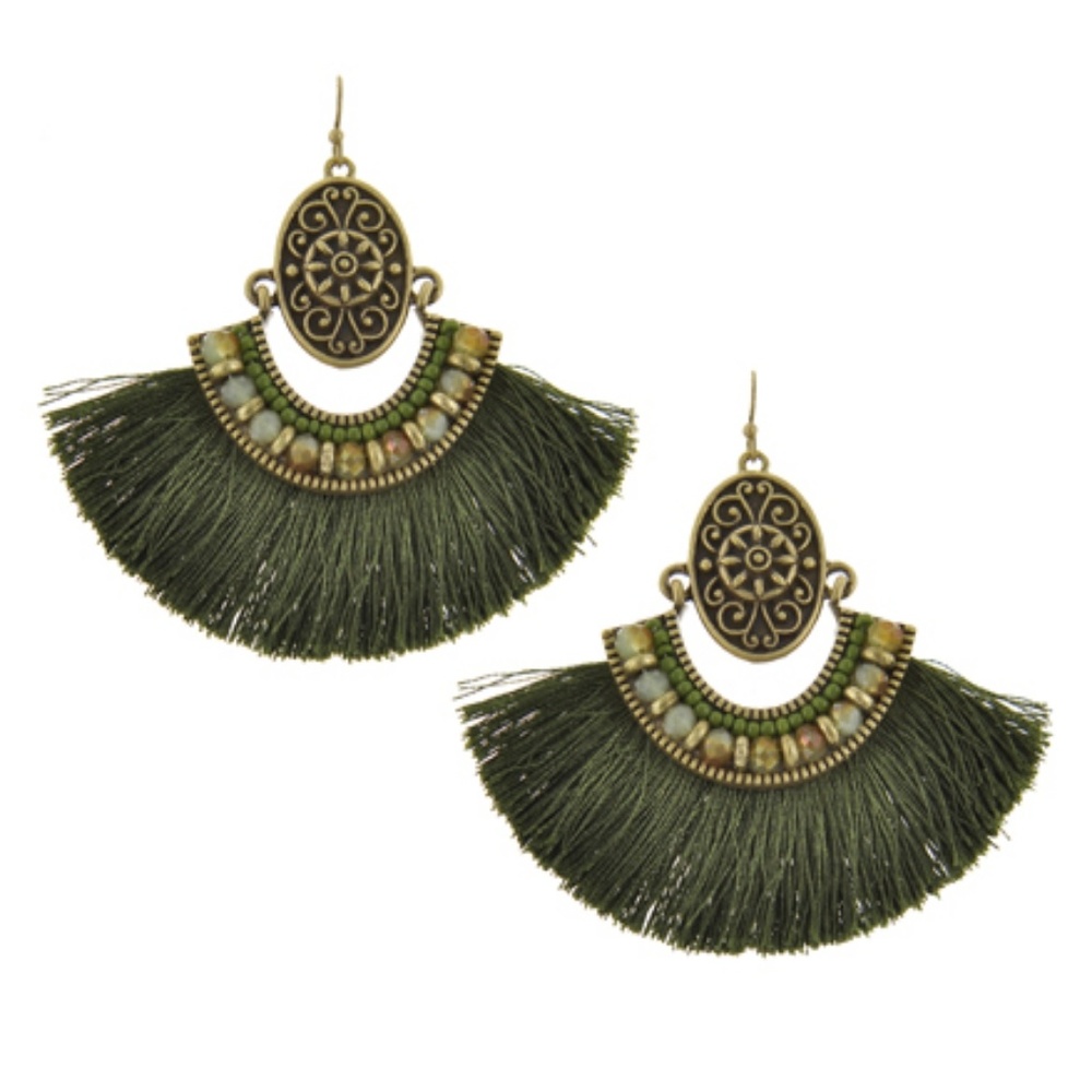 Olive Tread Tassel Earrings